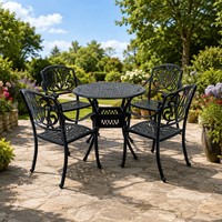 Ensemble de table à manger d'extérieur en aluminium moulé en 5 pièces avec quatre fauteuils ornés de sculptures pour jardin et terrasse
