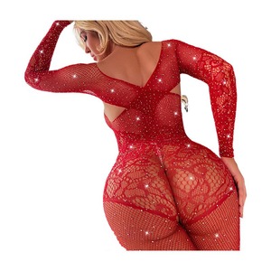 Hoge Kwaliteit Open Kruis Visnet Kousen Lange Mouw Eendelig Tepels Transparant Bodystocking