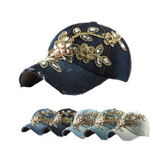 Damen Diamant besetzt Gold Wire Flower Denim Baseball Cap Modische Outdoor Sonnenschutz und Sonnenschutz Duckbill Cap - Product Image 3