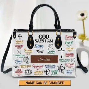 حقيبة جلدية What God Says About You، حقيبة جلدية مخصصة بمقبض للنساء المسيحيات، حقائب يد من Dropshipping POD Totes