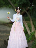 Hanbok élégant pour femmes, vêtements traditionnels coréens, hauts roses, jupe blanche, ensemble 2 pièces, Costume de Cosplay pour fête d'halloween, costumes de scène