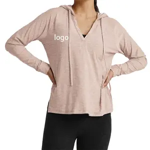OEM individueller geteilter Nacken leichter langer Ärmel Sweatshirt Pullover Oberteile Zugband V-Ausschnitt Hoodie für Damen