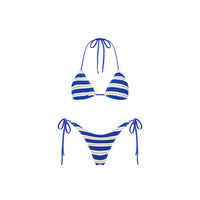 Groothandel Blauw-Wit Gestreepte Driehoek Bikini Set Dames Verstelbare Tie-Side String Bikini Hoge Beenlijn Aangepaste Logo Badkleding