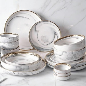 Hot Sale Nordic Color Glaze Marble Gold Rim Dinner Plate <b>Set</b> Sustainable Porcelain Ceramic Crockery Tableware Eco-Friendly - Product Image 3