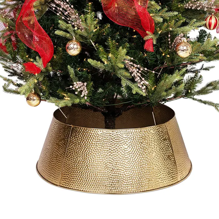 HOME 4 Panel Christmas Tree Collar Gold Galvanized Hammered Metal Holiday Skirt Decor