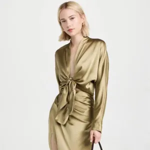 100% Silk Fashionable Long Sleeves High Slit Shawl Collar Crossover Neckline Silk Robes Women