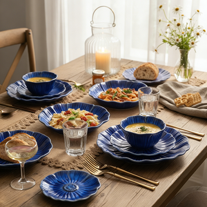 Service de vaisselle en céramique Série Fleur Bleue Réactive – Assiettes, bols, tasses <span class=keywords><strong>et</strong></span> soucoupes de luxe léger, best-seller pour la maison - Product Image 3
