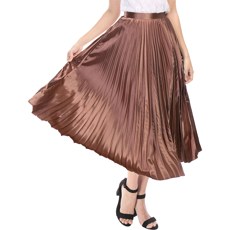 Custom Spring Autumn Womens Premium Metallic Shiny Midi Skirt Elegant Commuter A Line Ladies Accordion Pleated Skirt