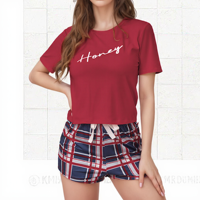 Conjunto de ropa de dormir de cuello de punto de manga corta de estilo coreano de dos piezas de verano para mujer cómodo transpirable cintura elástica suave