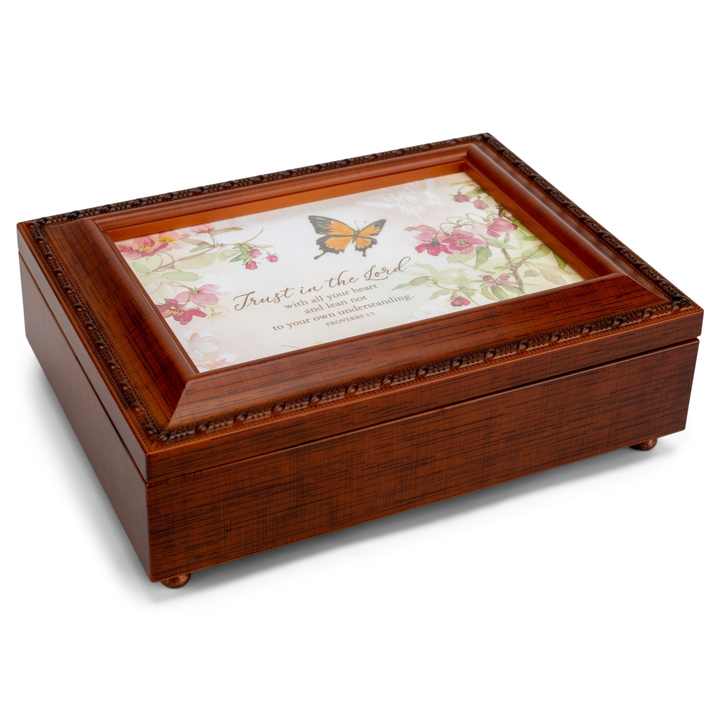 TD Wooden Music Box Hand-Crank Mechanism with Butterfly Design Trust in the Lord Song for Jewelry Storage
