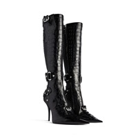 Sepatu Boots Kulit Tinggi Setinggi Lutut Model Punk Wanita dengan Tali Gesper dan Hak Runcing untuk Pesta Klub