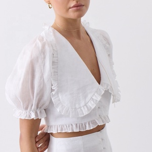 Blusa entallada de lino para mujer con cuello redondo y decoración de botones, blusas y tops tejidos de verano - Product Image 1