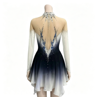 Robe de patinage artistique bleu-noir dégradé avec strass étincelants et maille à manches longues pour enfants et adultes – Idéale pour la compétition et les spectacles
