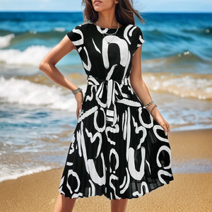 Summer New Women's Short Sleeve Printed Dress Round Neck Waist Trimming Large Swing Skirt - Product Image 2