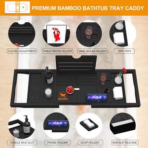 Plateau de bain extensible en bambou pour <span class=keywords><strong>baignoire</strong></span>, couleur noire, table de bain réglable pour organiser les affaires - Product Image 5