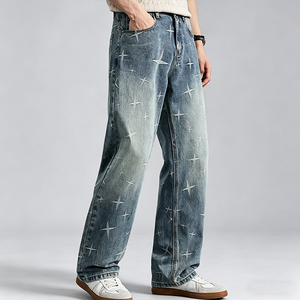 Huanqiu Vente en gros Jeans en denim japonais coupe droite classique imprimé étoiles décontracté jambe large ample en denim selvedge - Product Image 2