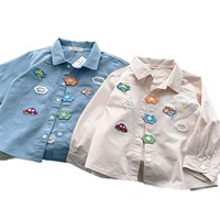 Chemise à revers pour garçons de style japonais avec broderie 3D motif avion, ours et nuage, chemisier décontracté à manches longues pour le printemps et l'automne