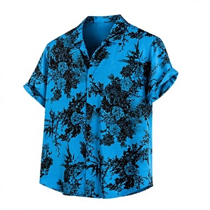 เสื้อเชิ้ตแขนสั้นพิมพ์ลายดอกไม้สีน้ำเงินสดสำหรับผู้ชาย เสื้อเชิ้ตคอปกแบบลำลอง ติดกระดุม ใส่เที่ยวทะเล รีสอร์ท ขายส่ง - Product Image 4