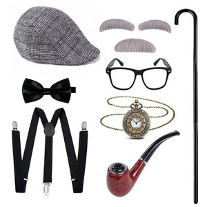 Costume de grand-père pour enfant pour le 100e jour <span class=keywords><strong>d</strong></span>'école, accessoires de cosplay comprenant un béret, des bretelles, un nœud papillon, une barbe, un costume de gangster - Product Image 6
