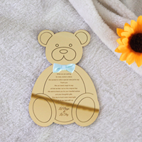 2025 cartes d'invitation en acrylique miroir doré en forme d'ours mignon unique avec texte gravé et cravate de ruban pour mariage/fête/vacances