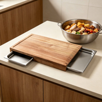 Planche à découper en bois d'acacia avec 2 plateaux en acier inoxydable, planche à découper avec rainure pour les jus, pour la préparation et le service en cuisine