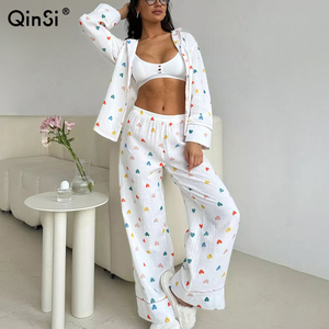 QINSI <span class=keywords><strong>Pigiama</strong></span> Casual da Donna in <span class=keywords><strong>Cotone</strong></span> Stampato Completo Due Pezzi con Maglia a Maniche Lunghe e Pantaloni con Collo a Revers Set Abbigliamento da Casa <span class=keywords><strong>Invernale</strong></span> da Donna - Product Image 1