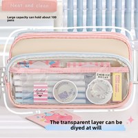 Trousse à crayons O00 color-block transparente grande capacité, sac de papeterie créatif multifonctionnel style japonais haute esthétique