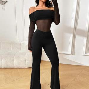 Combinaison noire personnalisée 2026 pour femme, taille haute, manches longues, maille transparente, jambes évasées, tenue une pièce sexy pour club - Product Image 4