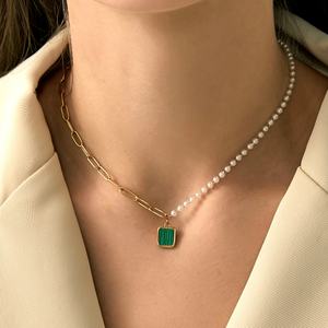 Collier Pendentif Tendance Demi-Perle Demi-Chaine en Acier Inoxydable Plaqué Argent Géométrique Classique pour Mariage - Product Image 5