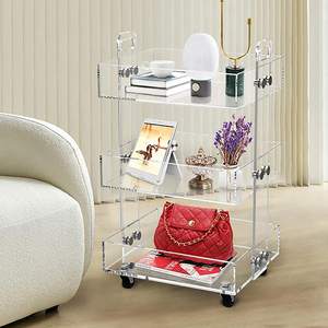 Factory Custom Clear 3-Tier Lucite Rolling Drinks <strong>Trolley</strong> Acrylic Bar Cart <strong>on</strong> <strong>Wheels</strong> for Hotel Serving - Product Image 6