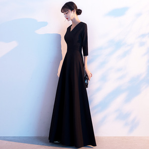 Evening Gown Elegant V Neck A Line Long Dress Natural Waist Black Off White Wine Red Hostess Performance Attire - Product Image 2