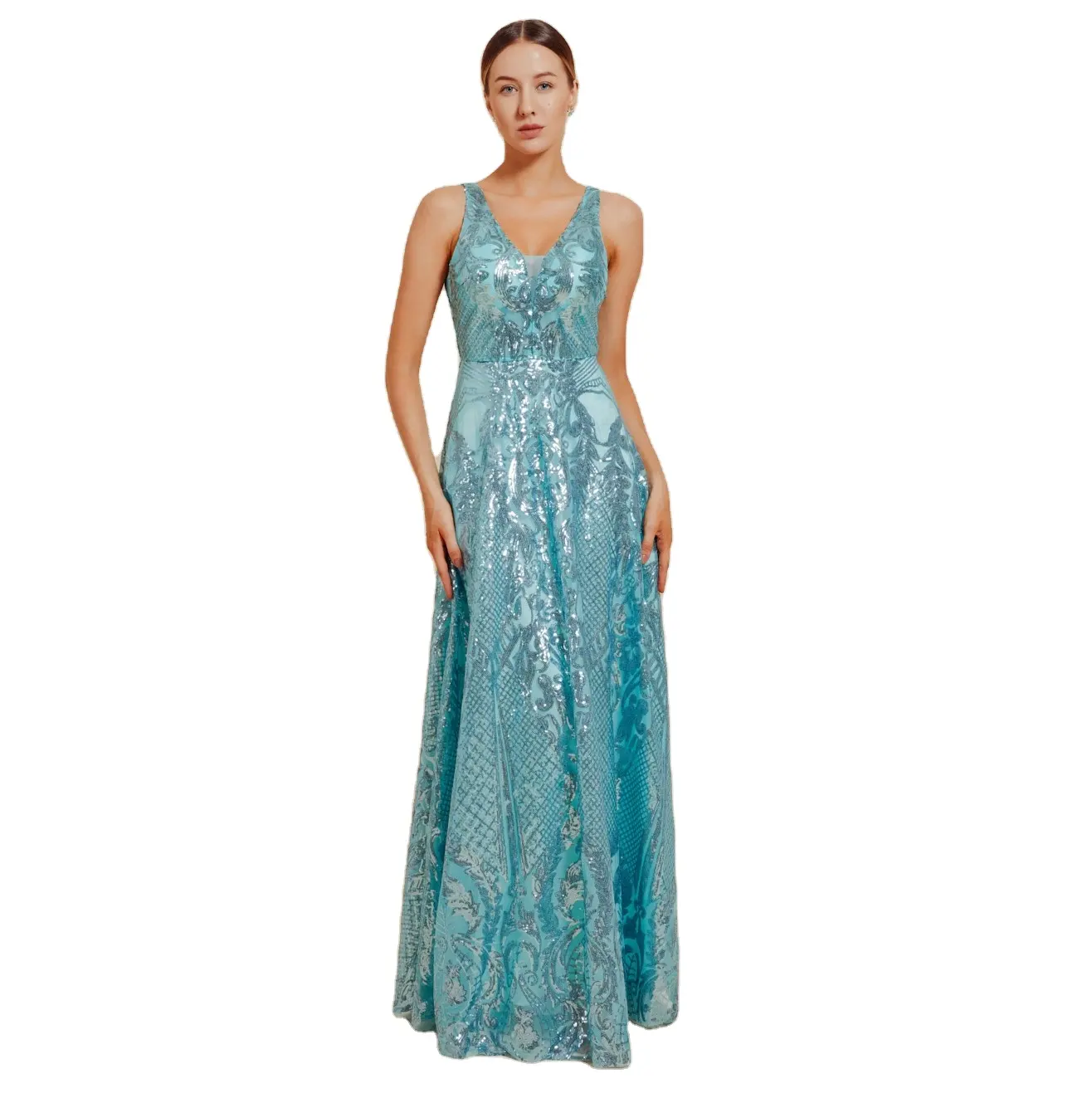 Luxury Women Vestido De Noche Festa Prom Party Light Blue Sequined A Line Elegant Maxi Long Gown Evening Dresses