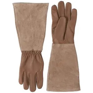 Brown women men thorn resistant waterproof breathable cowhide goatskin leather long gauntlet garden gloves