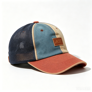 Casquette Trucker Vintage en Toile Lavée à Blocs de Couleurs avec Logo Personnalisé en Cuir ACE, 6 Panneaux, Embossée, Été - Product Image 6