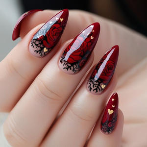 Nouveauté Journée de la Saint-Valentin Ongles pressés vintage bordeaux |   Vente en gros de 24 pièces de roses de style français |   Matériau en gel ABS de haute qualité - Product Image 1