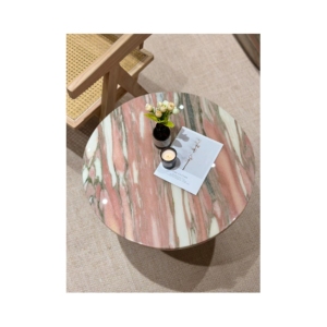Table basse en marbre rose naturel norvégien avec veines grises, design de table à thé, table ronde en marbre, plateau de bureau ovale - Product Image 3