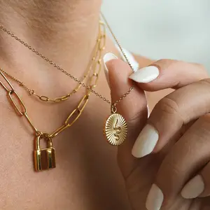 JoyEver tarnish free stainless steel gold necklace coin round embossed snake necklace waterproof gold pendant necklace