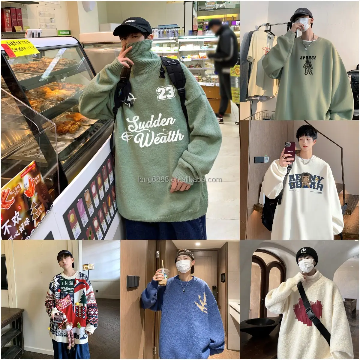 Sweater rajut Harajuku pria, pakaian jalanan longgar kasual Retro musim dingin 2023