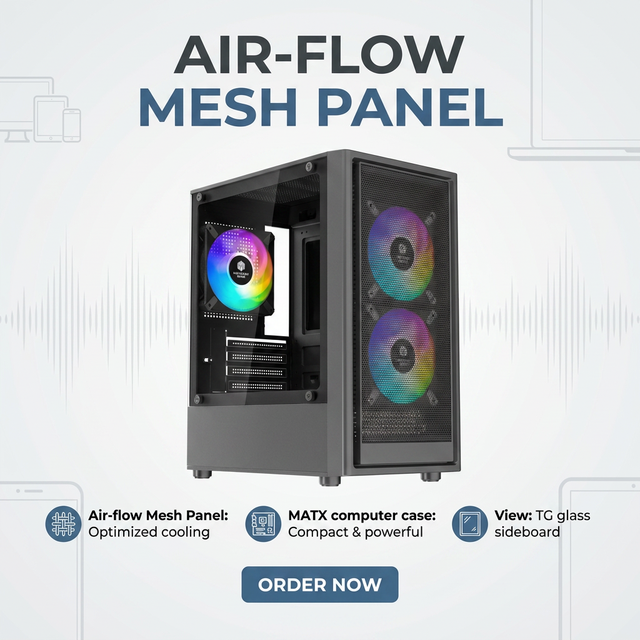 Air-flow Mesh Panel Mid Tower Steel PC Case with Side Panel Window for Micro ATX/MATX Game Computers RGB Control