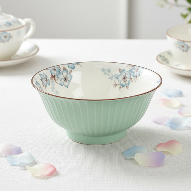 Chinese Porcelain Restaurant Plates Tableware Set Microwave Safe Lead Free Eco-Friendly Plant Pattern Glazed Rice Bowl Bowl