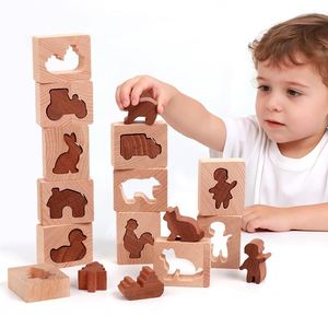 Cubes d'empilage en bois de hêtre naturel Montessori, 24 pièces, blocs d'apprentissage et de correspondance en bois pour enfants - Product Image 1