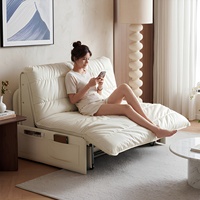 Canapé-lit fonctionnel convertible en cuir véritable crème, multifonctionnel, inclinable intelligent avec rangement pour salon