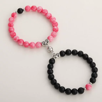 Ensemble de bracelets magnétiques pour couple, fleurs de cerisier roses, pierres d'onyx noir, cadeau assorti pour les amoureux, bijoux naturels