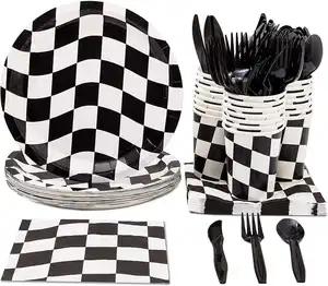 帕夫方格赛车派对用品黑白方格赛车餐具盘杯子餐巾纸套装