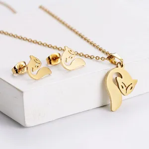 2024 factory directly best price 18k gold plated stainless steel animals fox charm pendant necklace and mini stud earrings sets