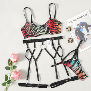 Colorful Mesh Sexy Lingerie Fashionable Colorful Zebra Print <b>Perspective</b> Gathering Sexy Lingerie Four Piece Set for Women - Product Image 6