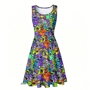 Robe d'été pour femme à motif Pop Art vibrant, décontractée, sans manches, coupe trapèze évasée, mini-robe skater avec poches, style bande dessinée - Product Image 1