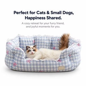 Lace Rectangle <b>Pet</b> Bed Classic Cartoon Cat Dog Bed Gingham Check Plush with Ruffle Trim Raised Surround OEM All Seasons - Product Image 3