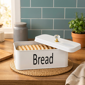 <b>White</b> Rectangular Metal Bread <b>Box</b> <b>with</b> <b>Lid</b> Crystal Knob Handle Kitchen Food Storage Container - Product Image 6