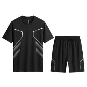 夏のメンズスポーツ半袖セット屋外ランニングスピードドライメンズ大型アイスシルクフィットネス服卸売